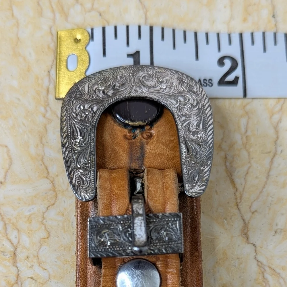 Vintage Bianchi Brown Rugged Leather Western Tooled Belt Silver Accents Women 38